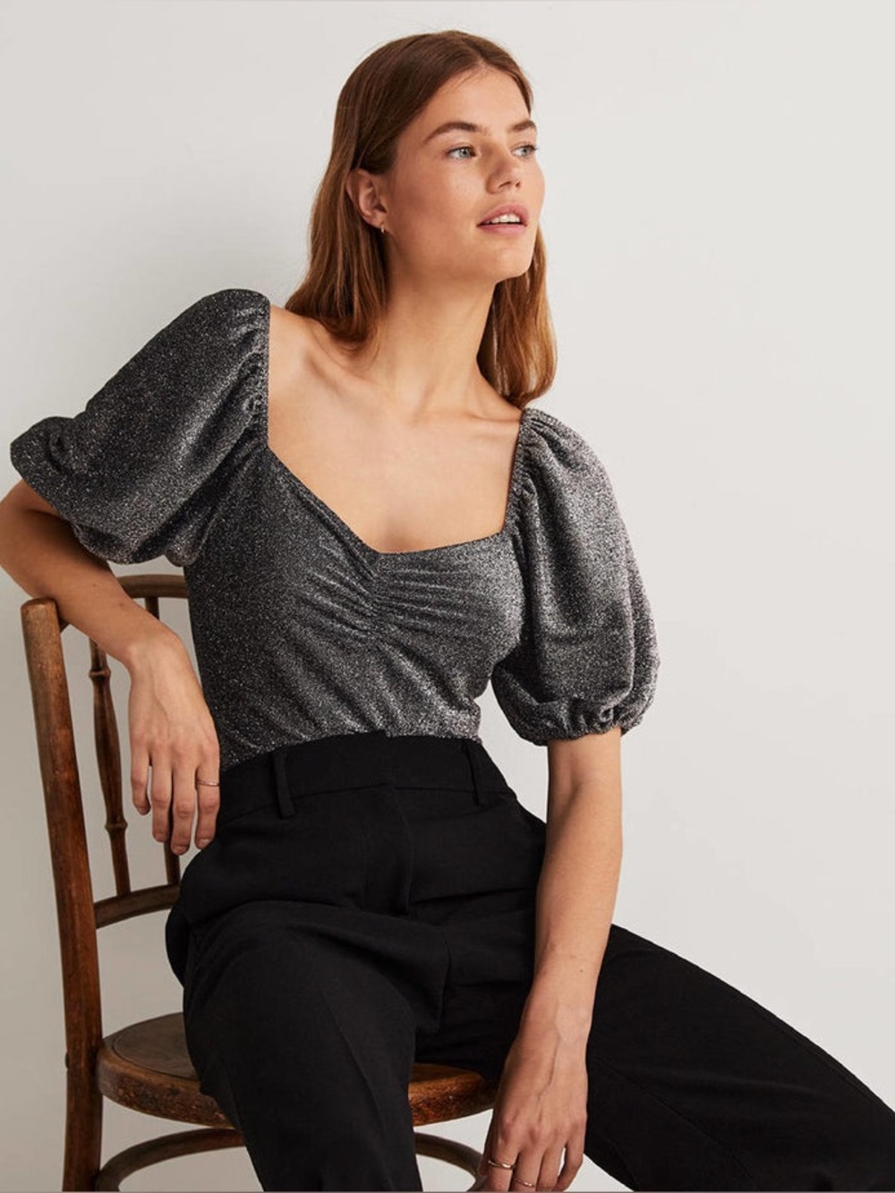 Boden Silver Sparkle New NWT Party Going Out Fancy Cocktail Ruched Jersey Top 12